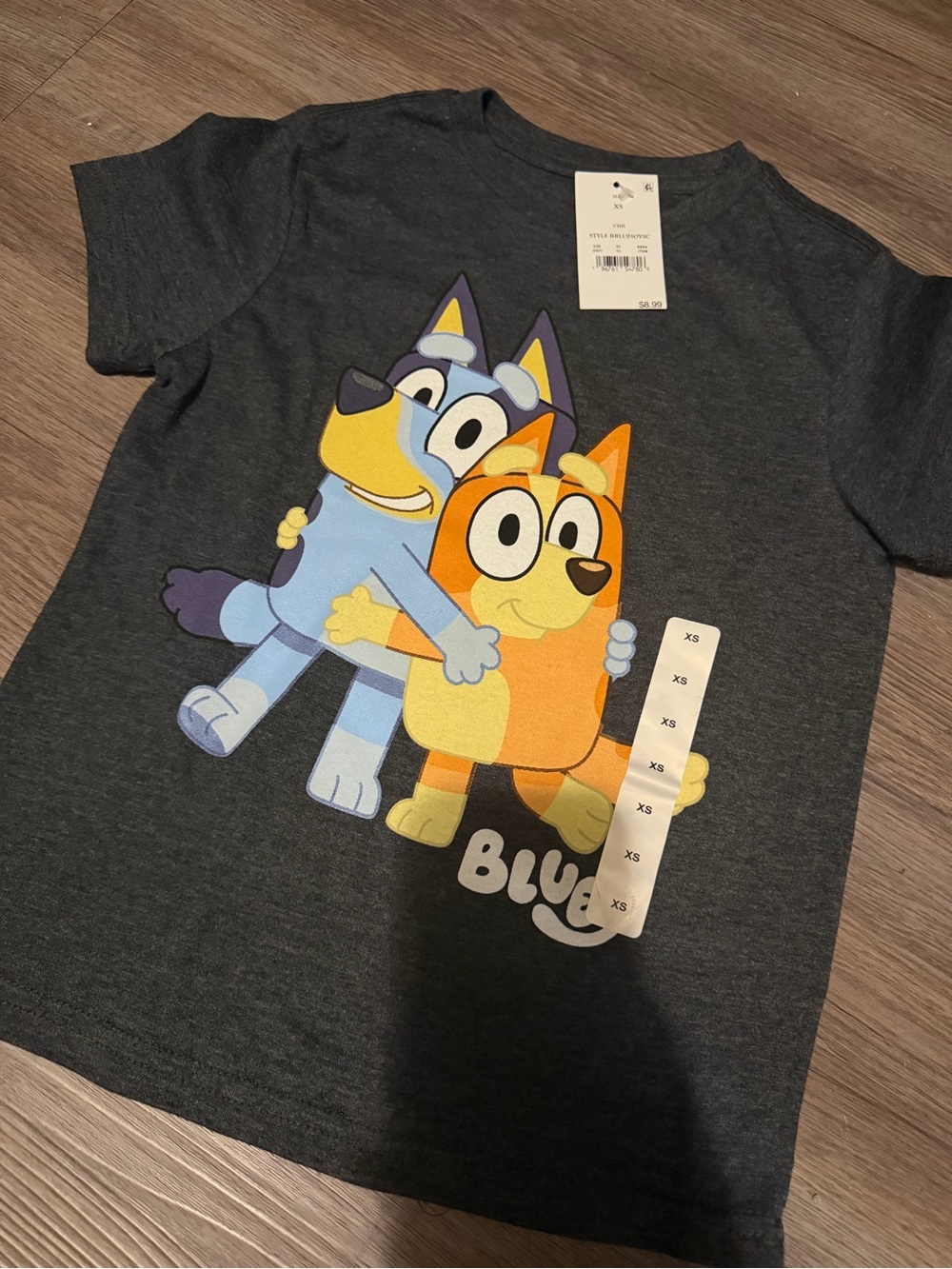 Kids' Dark Gray Bluey Graphic Tee with Orange & Blue Characters- NWT- size XS